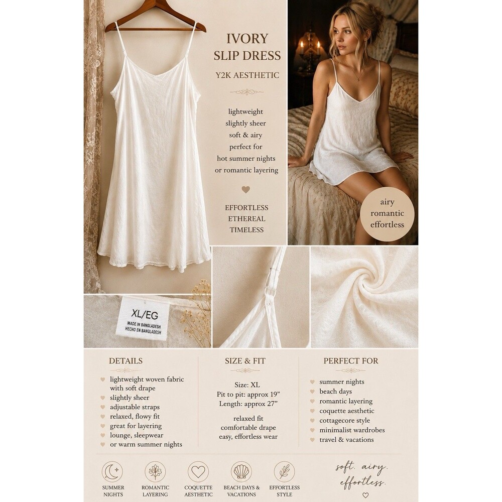 EUC Ivory Semi Sheer Cotton Slip Dress XL Southern Gothic Y2K Hot Summer Nights